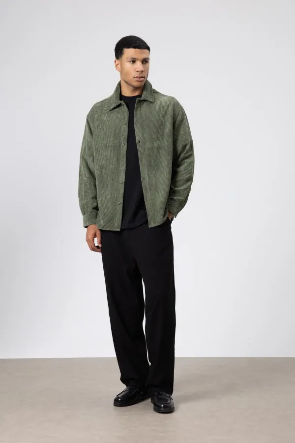 Oversize Dokulu Gömlek Haki