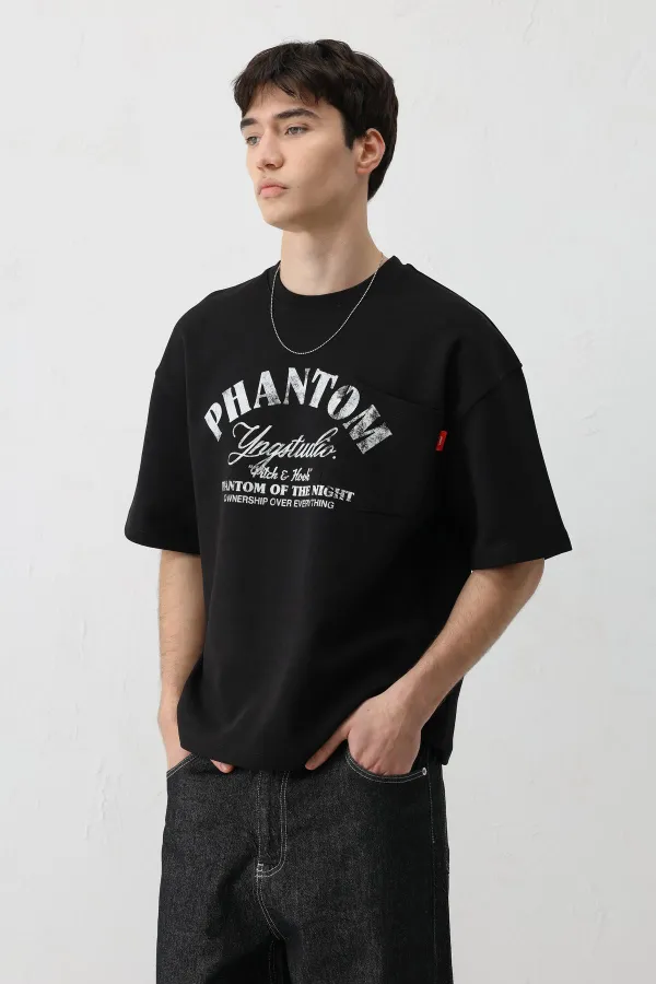 Kısa Kollu Boxy Fit Baskılı Tişört Siyah