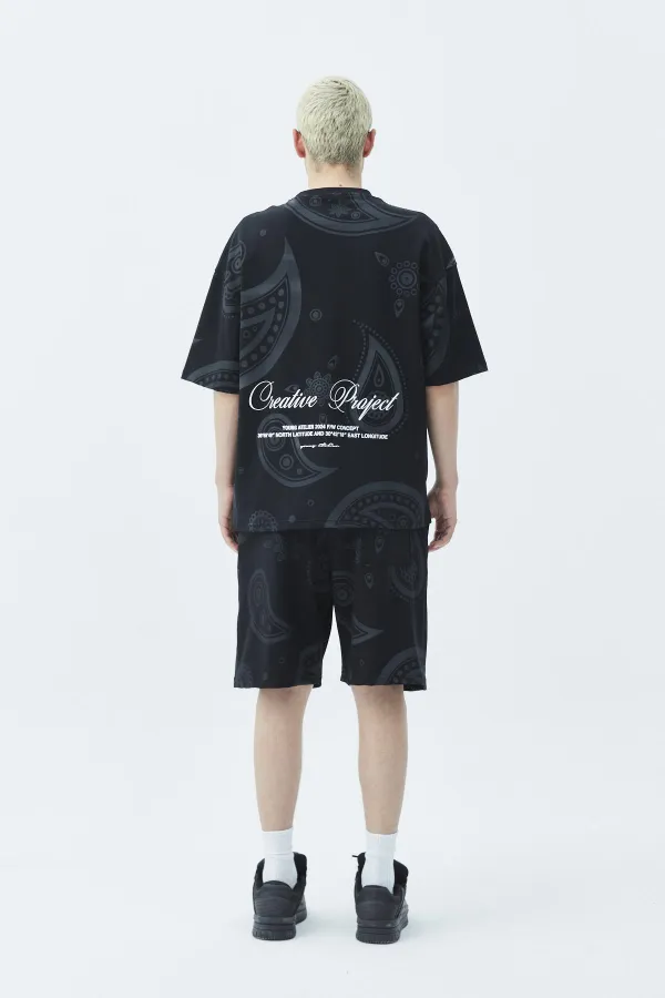 Oversize Desenli Şort Tişört Takım Siyah