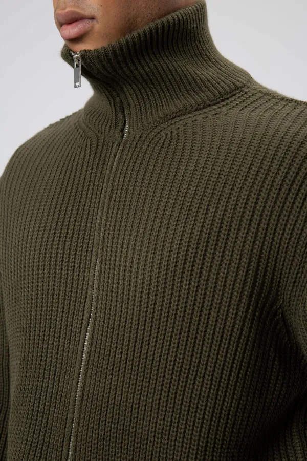 Oversize Zip-Up Knit Cardigan, Khaki