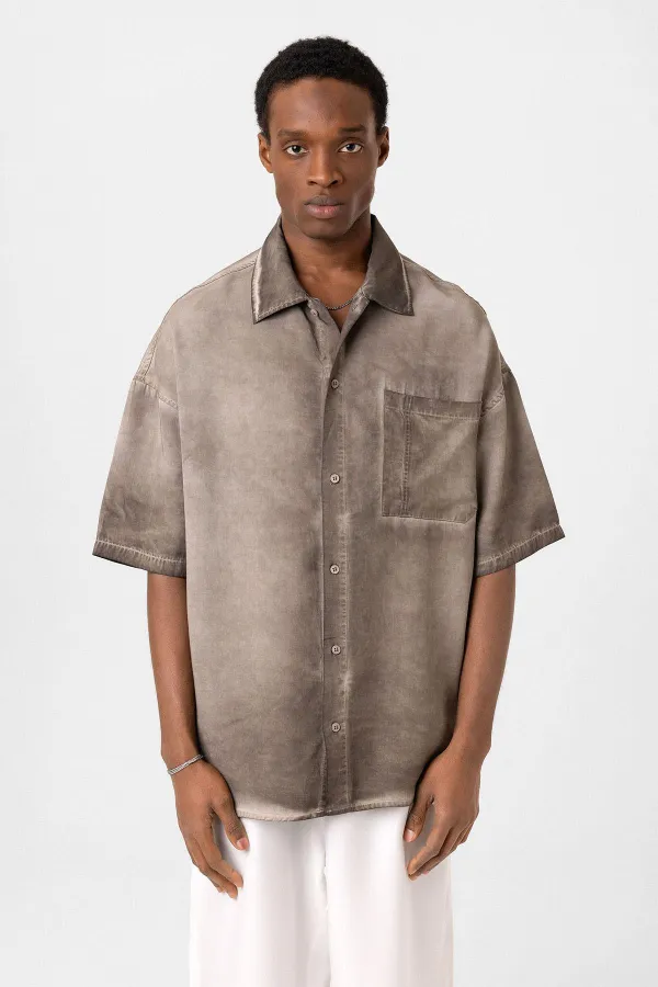 Yıkamalı Kısa Kollu Oversize Gömlek Kahve