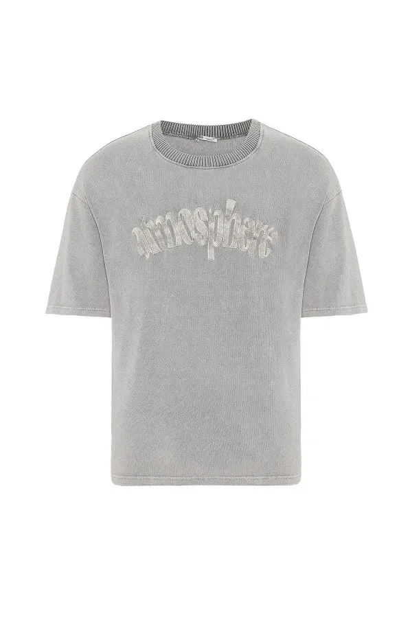 Yıkamalı Oversize Baskılı Tişört Taş