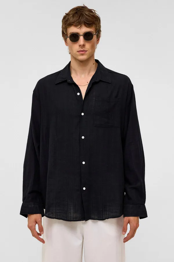 Oversize Çizgili Uzun Kollu Keten Gömlek Siyah