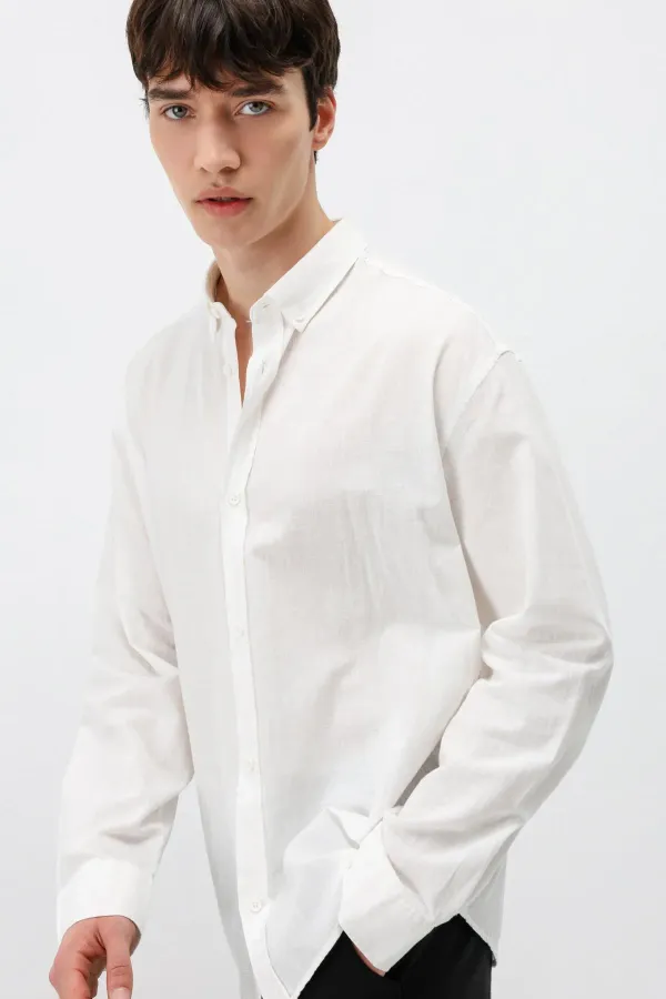Basic Oversize Pamuk  Keten Gömlek Ekru