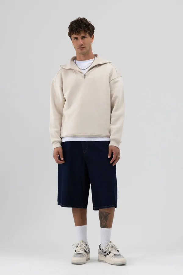 Basic Zip-Up Stand-Up Collar Sweatshirt Stone