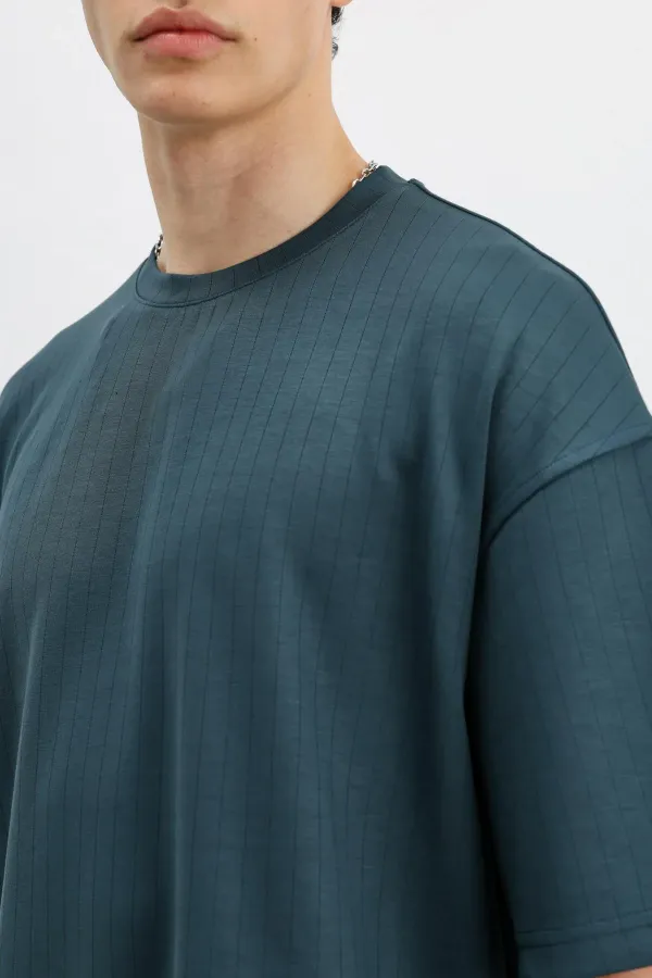 Fitilli Dokulu Oversize Tişört Petrol