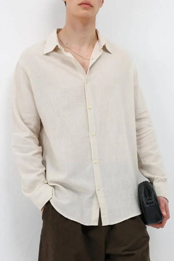 Uzun Kollu Basic Oversize Gömlek Bej