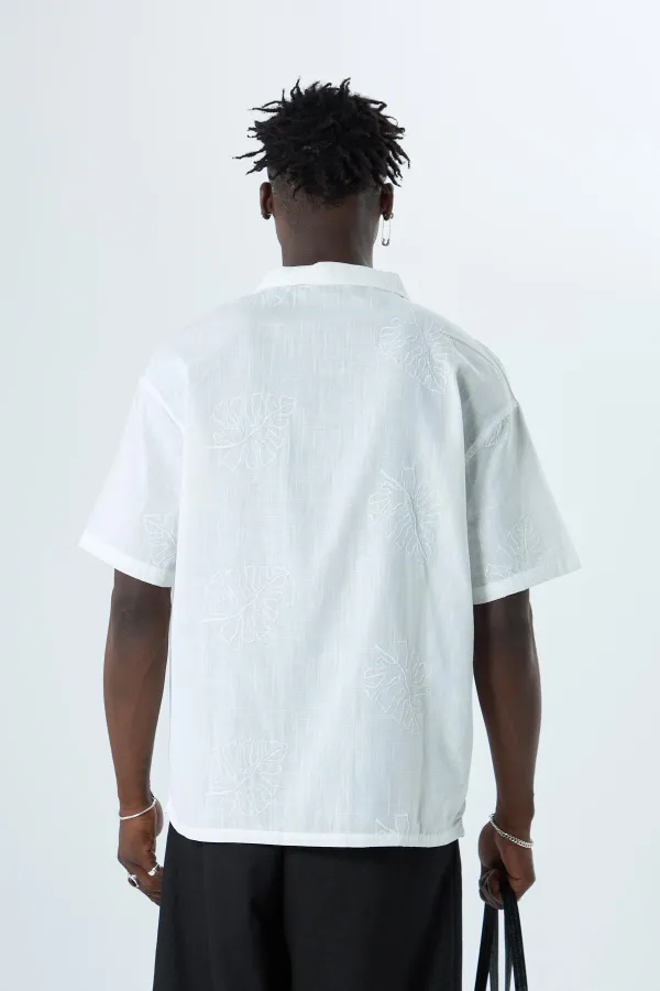Nakış Detaylı Oversize Keten Gömlek Ekru