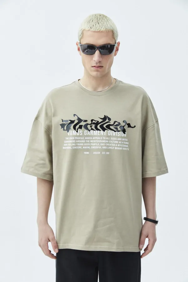 Atelier Kabartma Baskılı Oversize Tişört Vizon