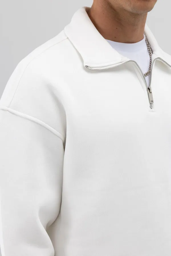 Oversize Zip-Up Stand-Up Collar Sweatshirt, Ecru