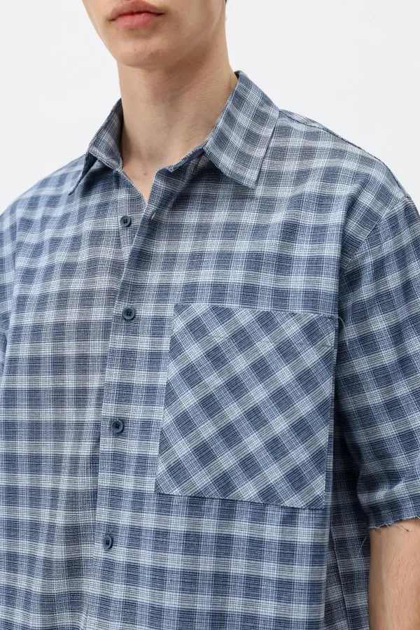 Chemise oversize à manches courtes à carreaux, bleue