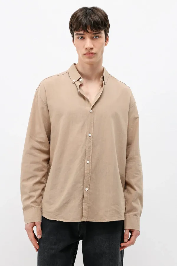 Basic Oversize Pamuk  Keten Gömlek Vizon