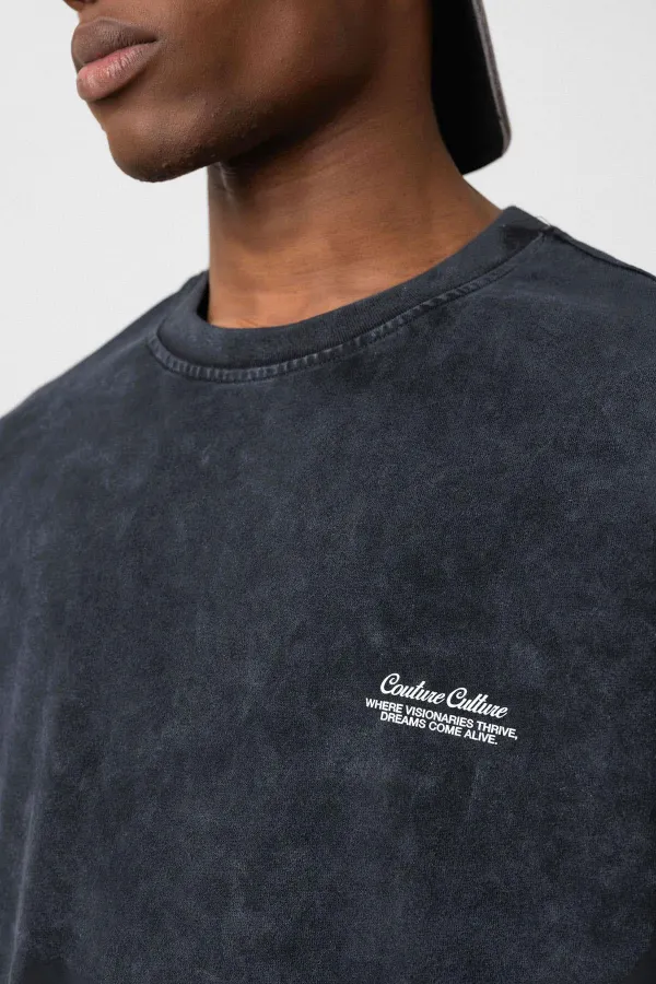 Yıkamalı Oversize Ekose Detaylı Tişört Siyah