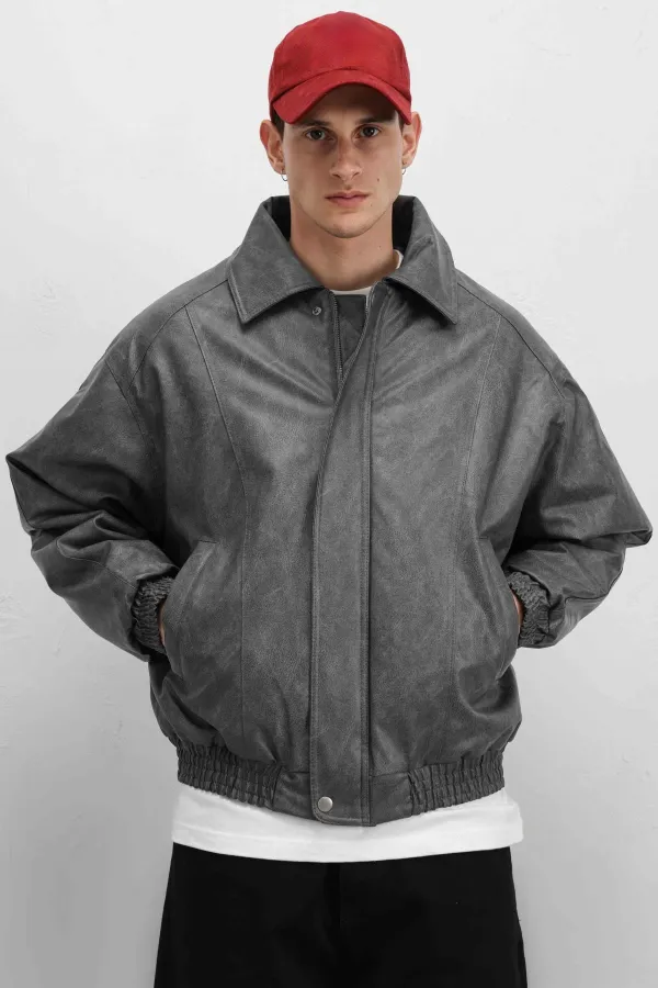 Oversize Deri Bomber Ceket Gri