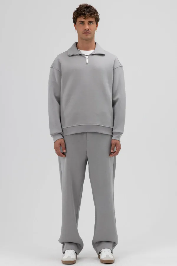 Oversize Fermuarlı Dik Yaka Sweatshirt Gri