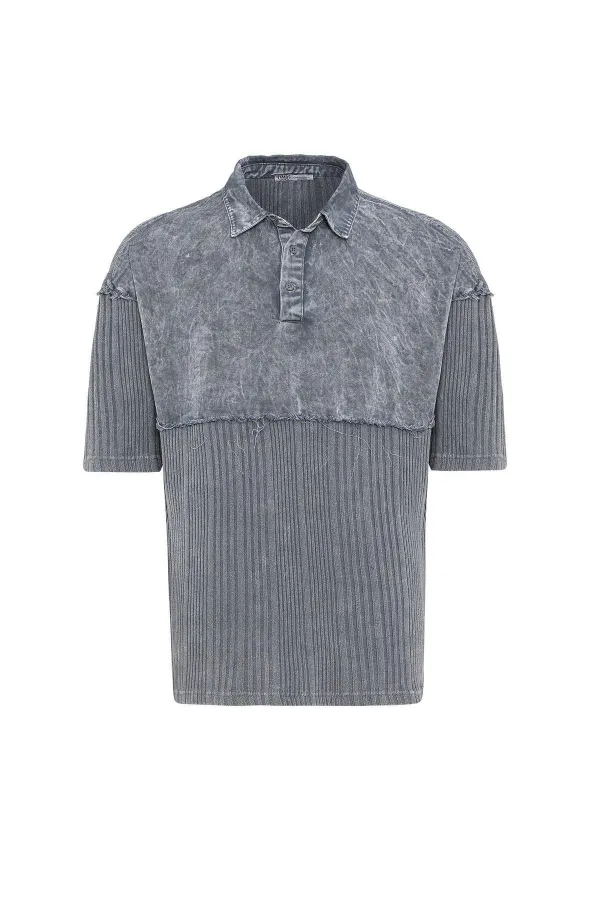 Yıkamalı Oversize Polo Yaka Tişört Gri