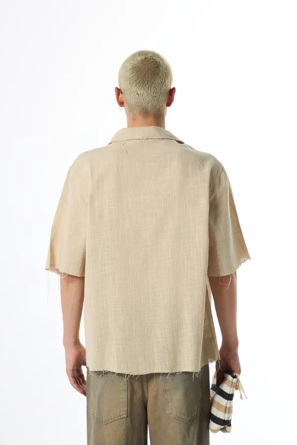 Dikişsiz Kısa Kol Cepsiz Oversize Keten Gömlek Bej