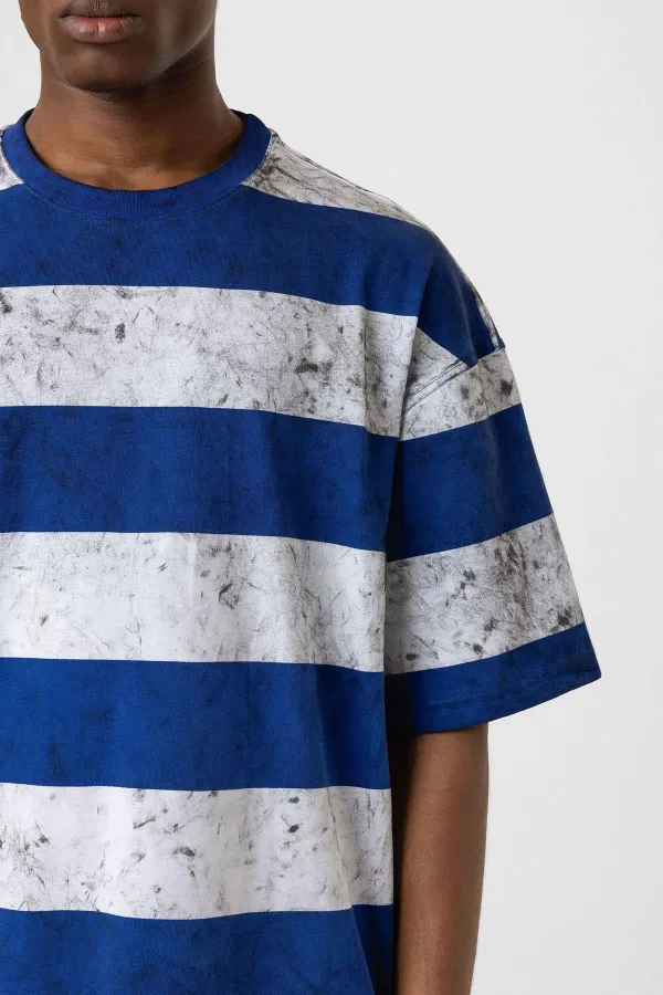 Yıkamalı Şeritli Oversize Tişört Mavi - Beyaz