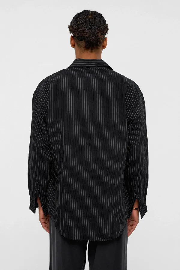 Oversize Çizgili Uzun Kollu Gömlek Siyah