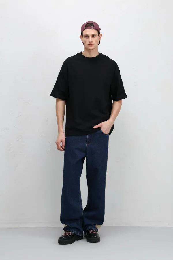 Yan Şeritli Baggy Fit Jean Mavi