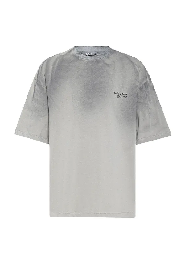 Yıkamalı Yazı Detaylı Oversize Tişört Gri