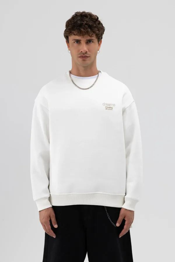 Sweat-shirt oversize à col rond imprimé, écru