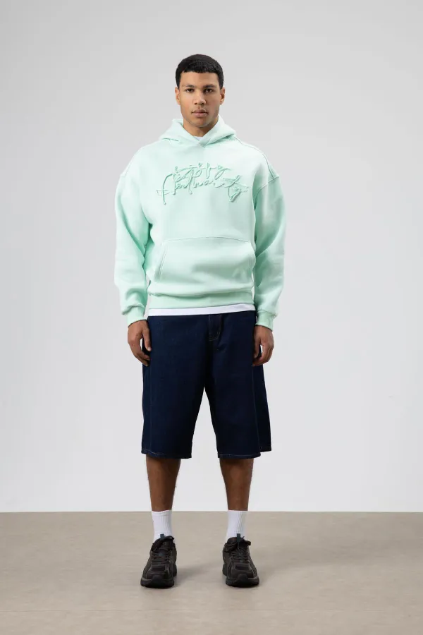 Oversize Baskılı Kapüşonlu Sweatshirt Mint