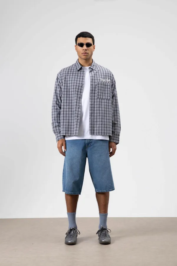 Oversize Kareli Arka Baskılı Uzun Kol Gömlek Gri-Lacivert