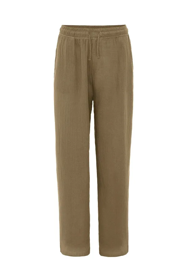 Baggy Fit Muslin Linen Trousers Khaki