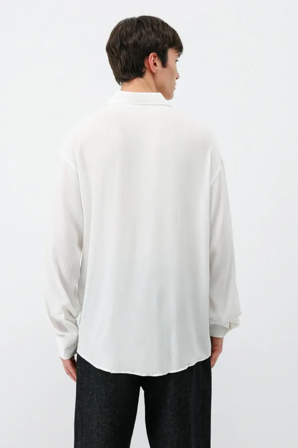 Hafif Dokulu Oversize Gömlek Ekru