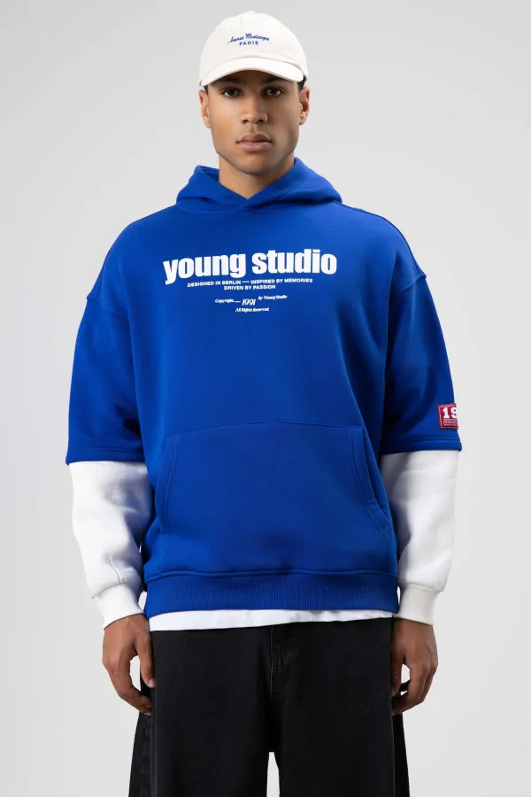 Sweat à capuche imprimé oversize bleu marine