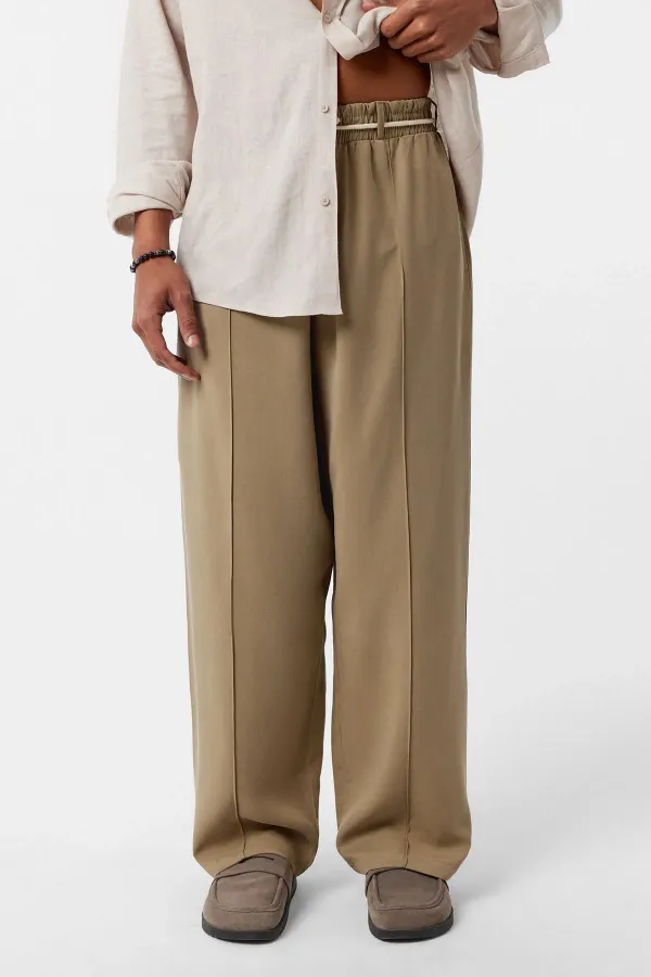 Kemer Detaylı Baggy Lyocell Pantolon Haki