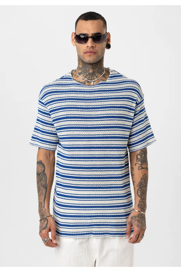 T-shirt rayé oversize en maille (bleu marine)