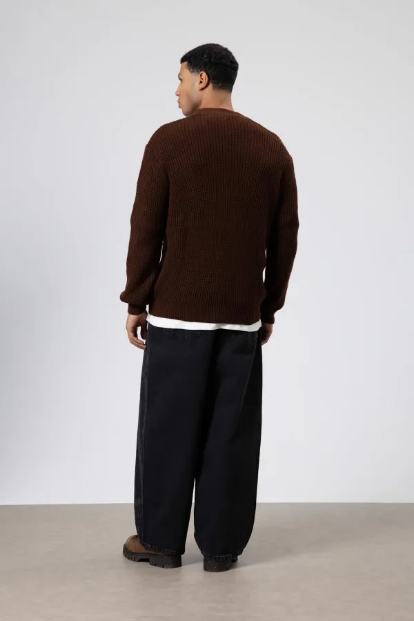 V Yaka Düğmeli Örgü Hırka Kazak Kahve