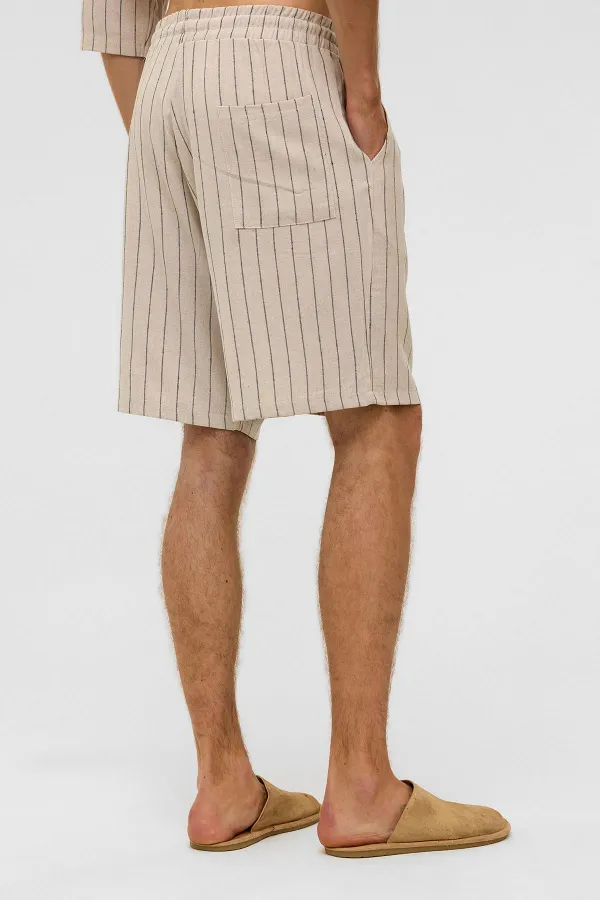 Oversize Çizgili Keten Şort Siyah