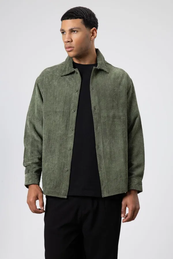 Oversize Dokulu Gömlek Haki