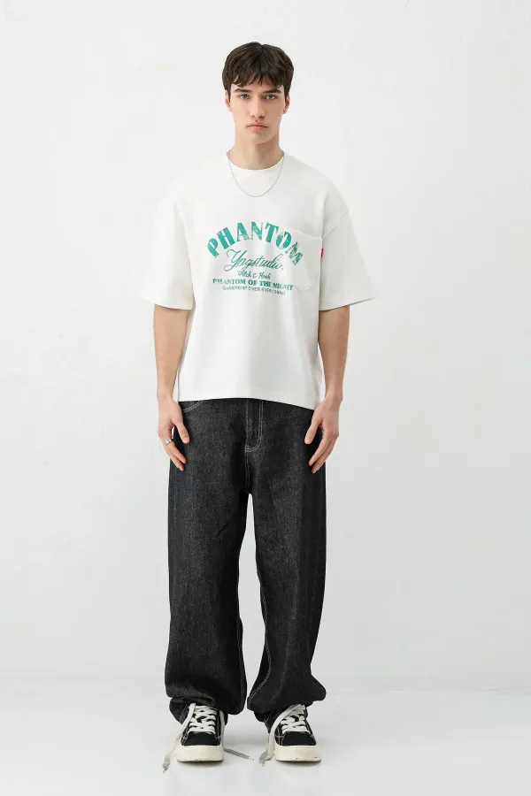 Kısa Kollu Boxy Fit Baskılı Tişört Ekru