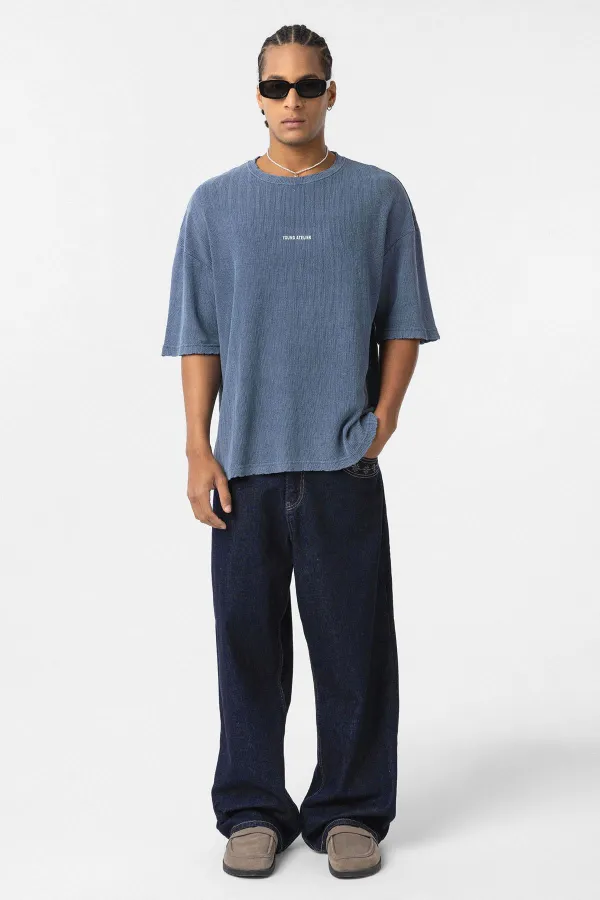 Yıkamalı Arka Baskılı Oversize Tişört İndigo