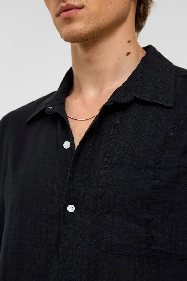 Oversize Çizgili Uzun Kollu Keten Gömlek Siyah