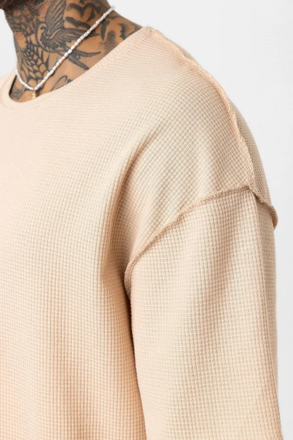 Arka Yazı Baskılı Oversize Triko Tişört Bej