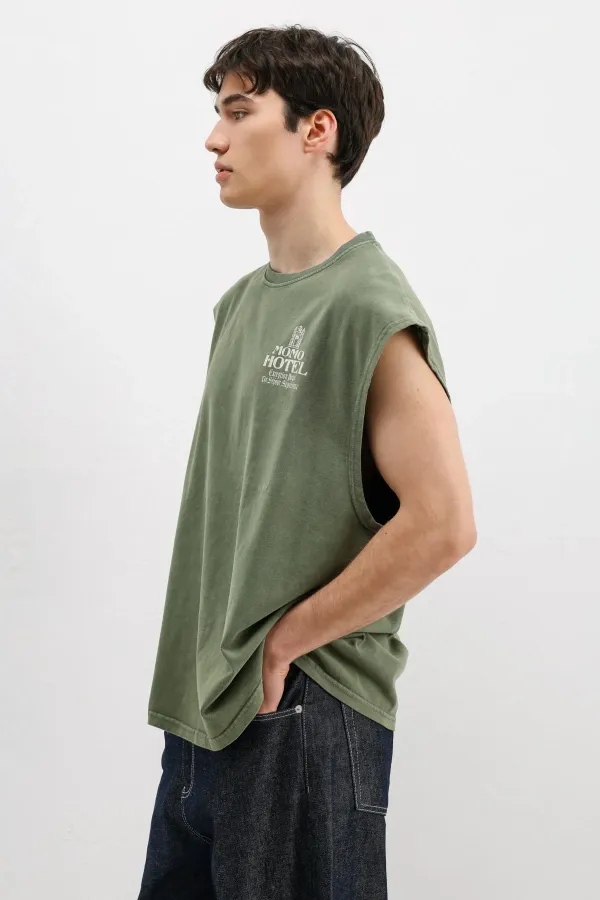 Baskılı Kolsuz Oversize Tişört Haki