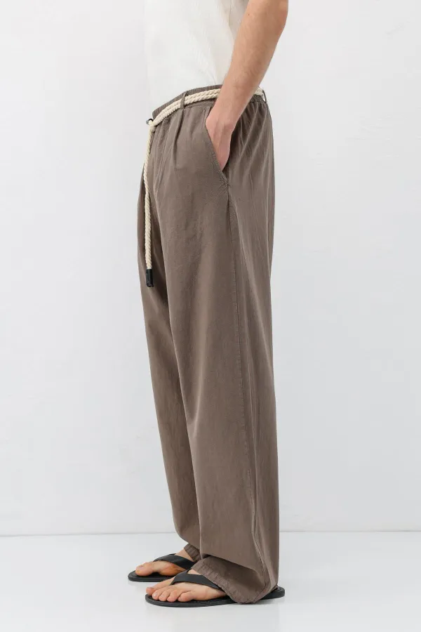 Kemer Detaylı Oversize Keten Pantolon Vizon