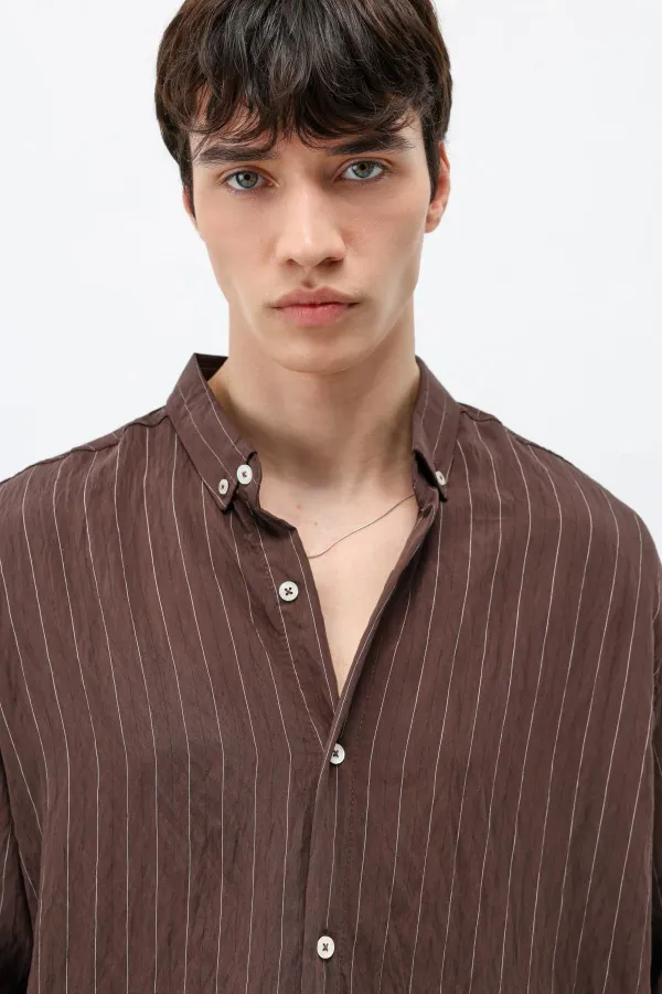 Çizgili Oversize Gömlek Kahve