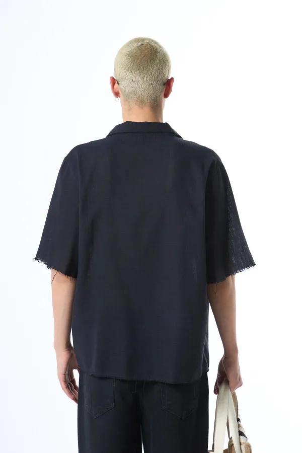 Dikişsiz Kısa Kol Cepsiz Oversize Keten Gömlek Siyah