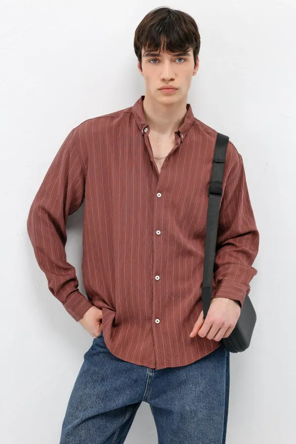 Çizgili Oversize Gömlek Bordo