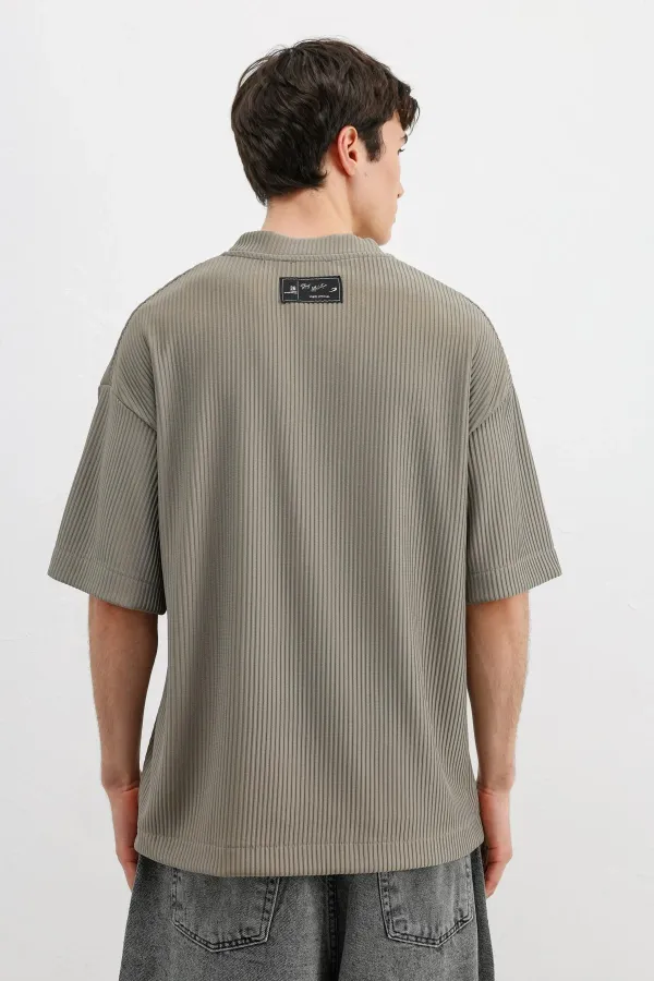 Baskılı Fitilli Oversize Tişört Haki