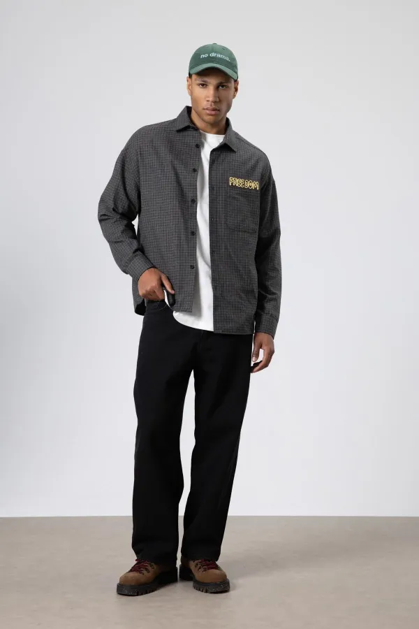 Oversize Baskılı Günlük Kareli Gömlek Haki