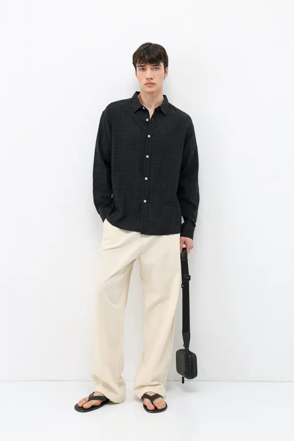 Textured Linen Look Oversize Shirt Black