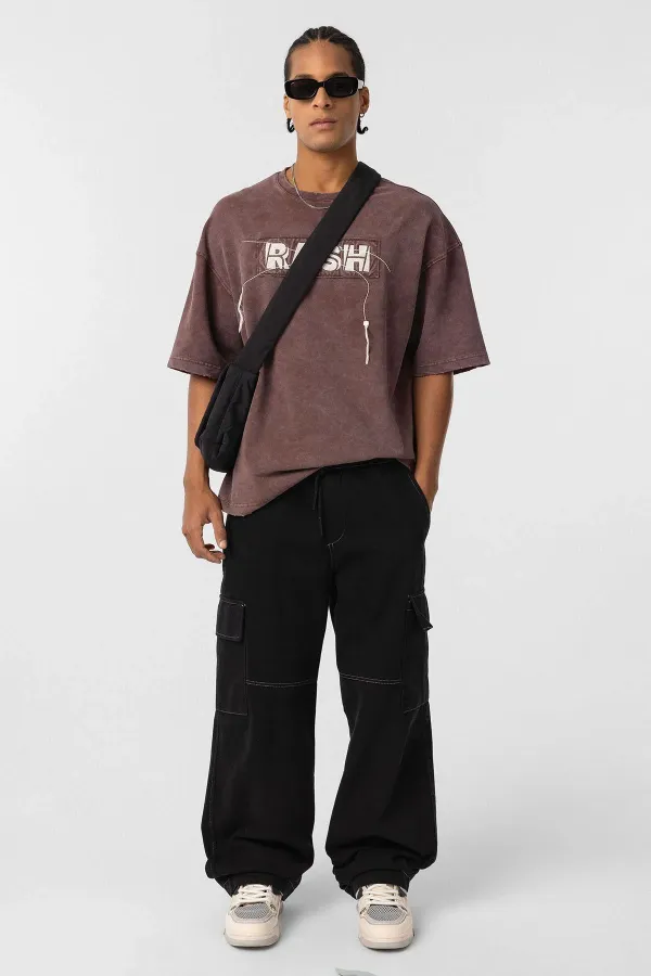 Yıkamalı Oversize Baskılı Tişört Kahve