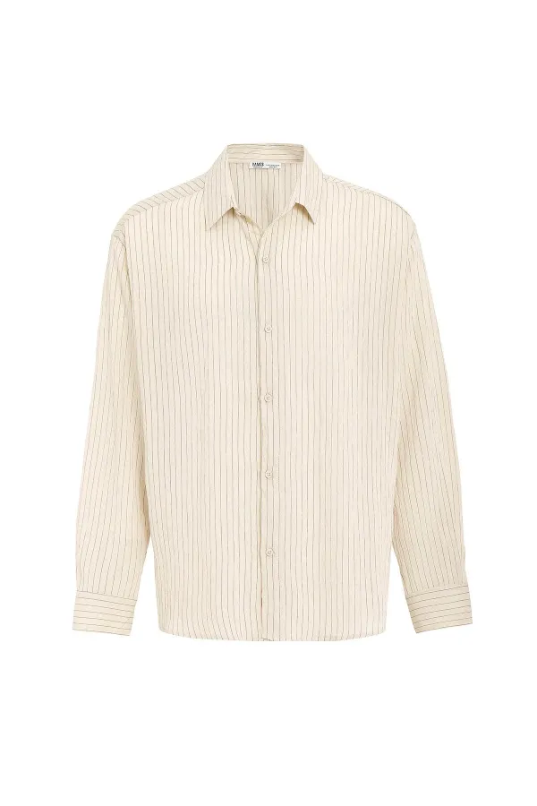 Oversize Çizgili Uzun Kollu Gömlek Bej